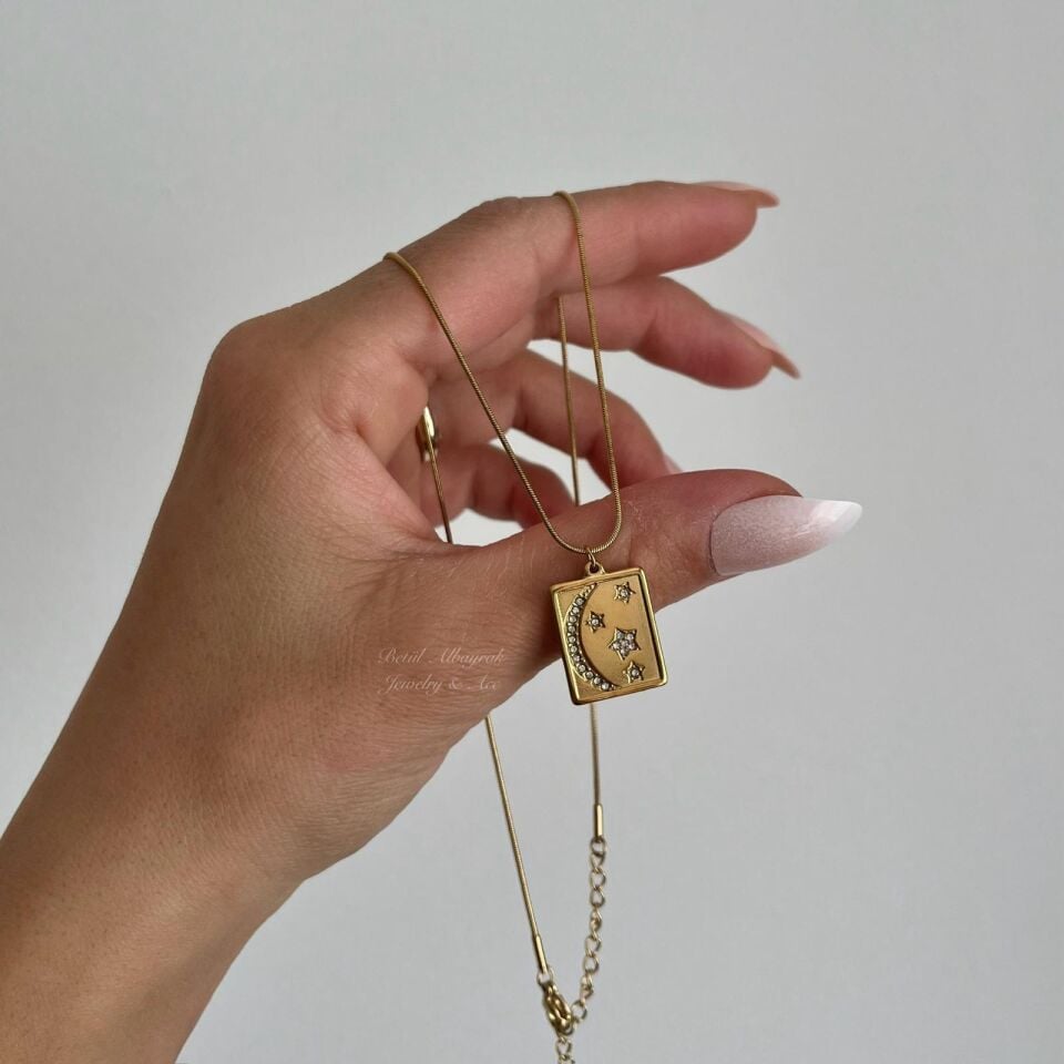 Çelik Taşlı Ay Yıldız Plaka Kolye