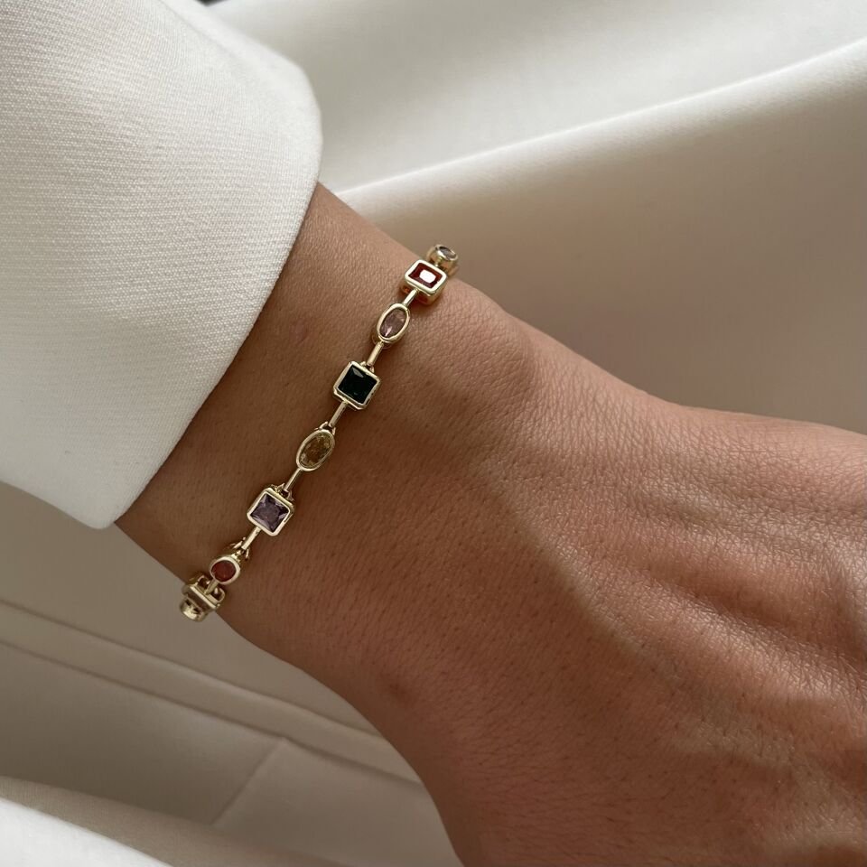 Altın Kaplama Renkli Taşlı Bileklik