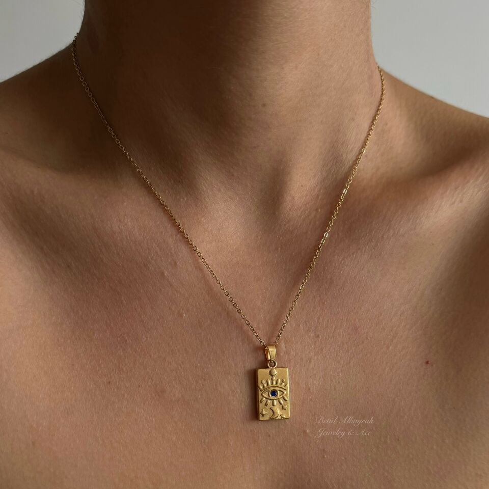 Çelik Plaka Mavi Taşlı Göz Kolye