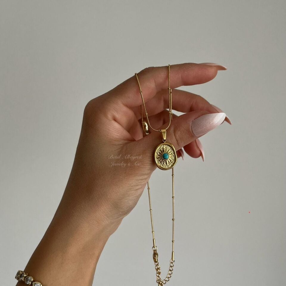 Çelik Firuze Taşlı Plaka Kolye