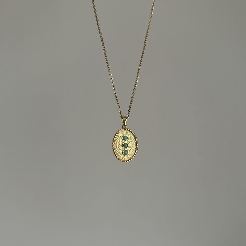 Çelik Firuze Taşlı Oval Vintage Kolye