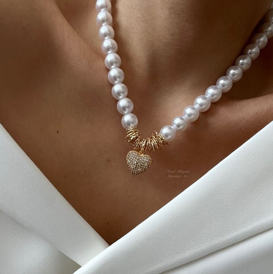 Vip Taşlı Kalp İnci Kolye