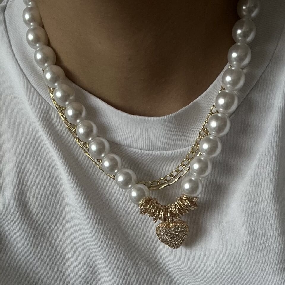 Vip Taşlı Kalp İnci Kolye