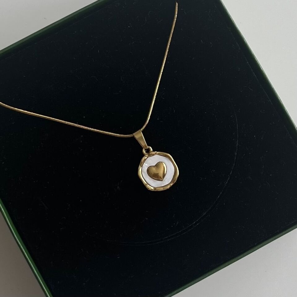 Çelik Sedefli Madalyon Kalp Kolye