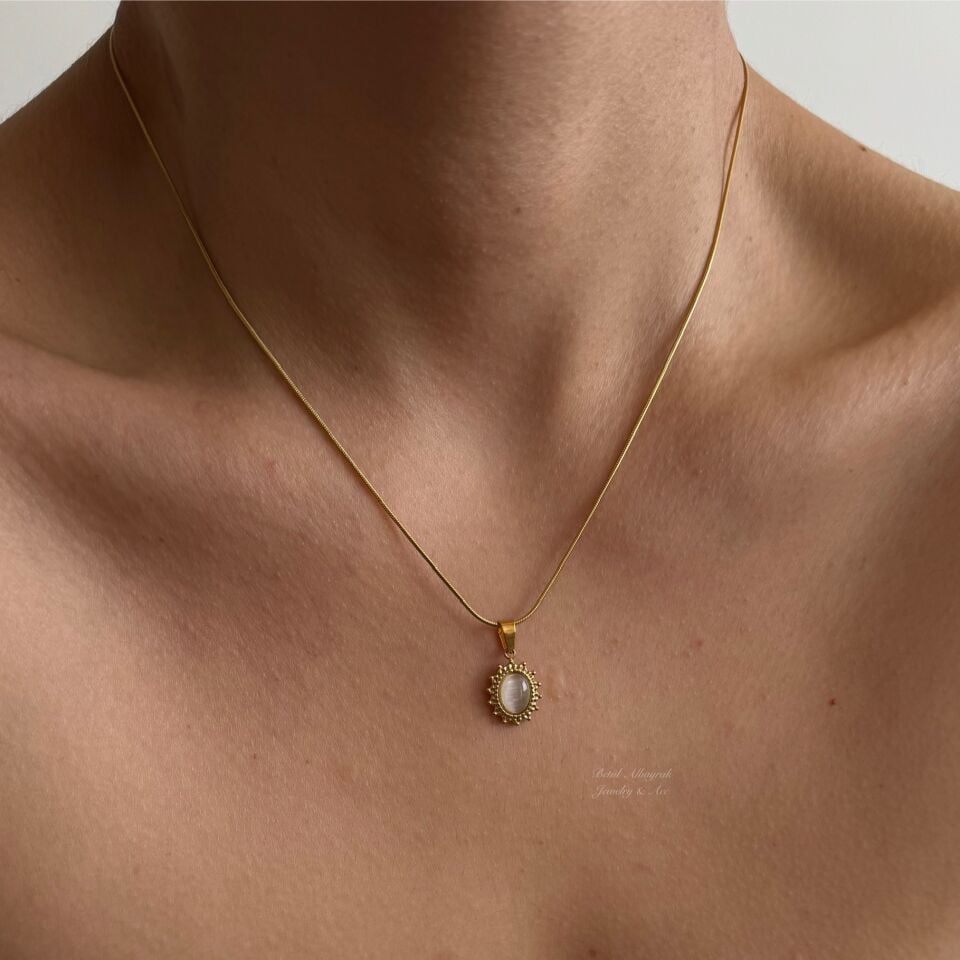 Çelik Vintage Minimal Oval Nut Kolye