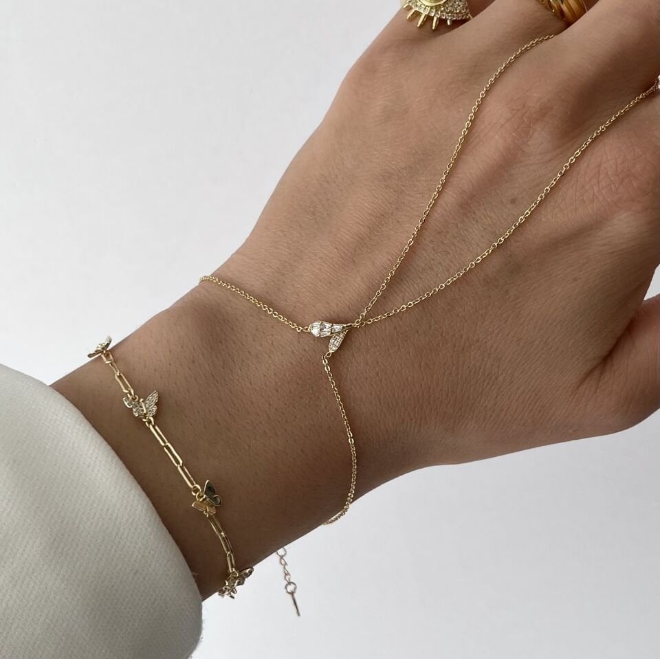 Altın Kaplama Ataç Zincirli Kelebekli Bileklik