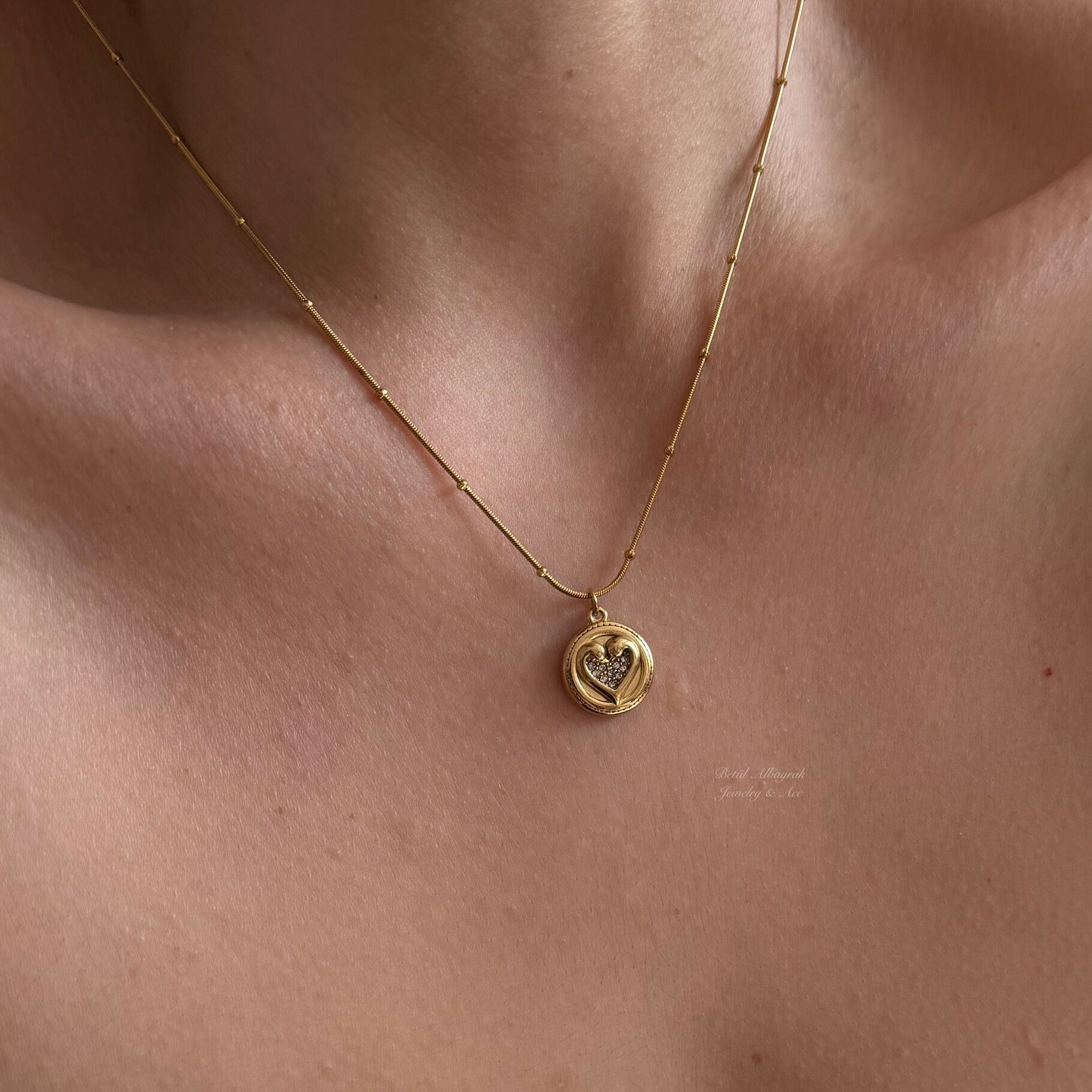 Çelik Taşlı Madalyon Kalp Kolye