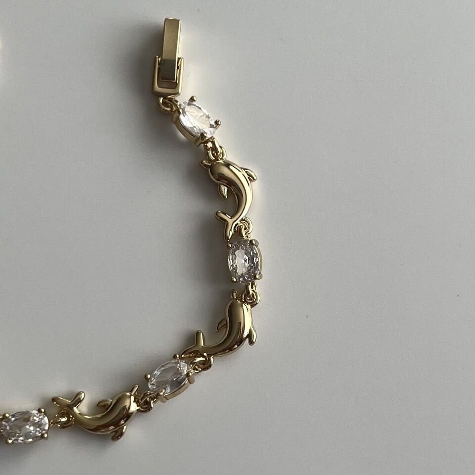 Altın Kaplama Taşlı Yunus Balığı Bileklik