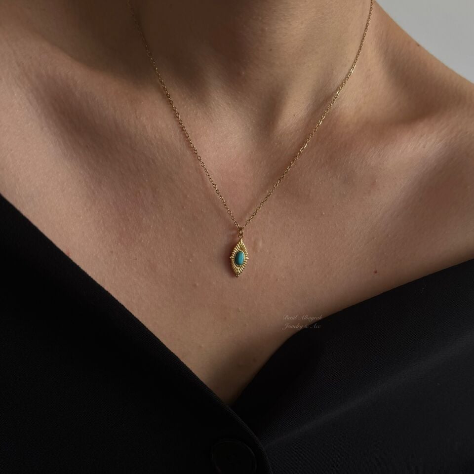 Çelik Vintage Firuze Taşlı Kolye