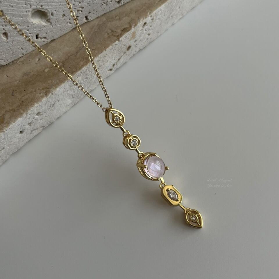 Çelik Pembe Taşlı Y Kolye