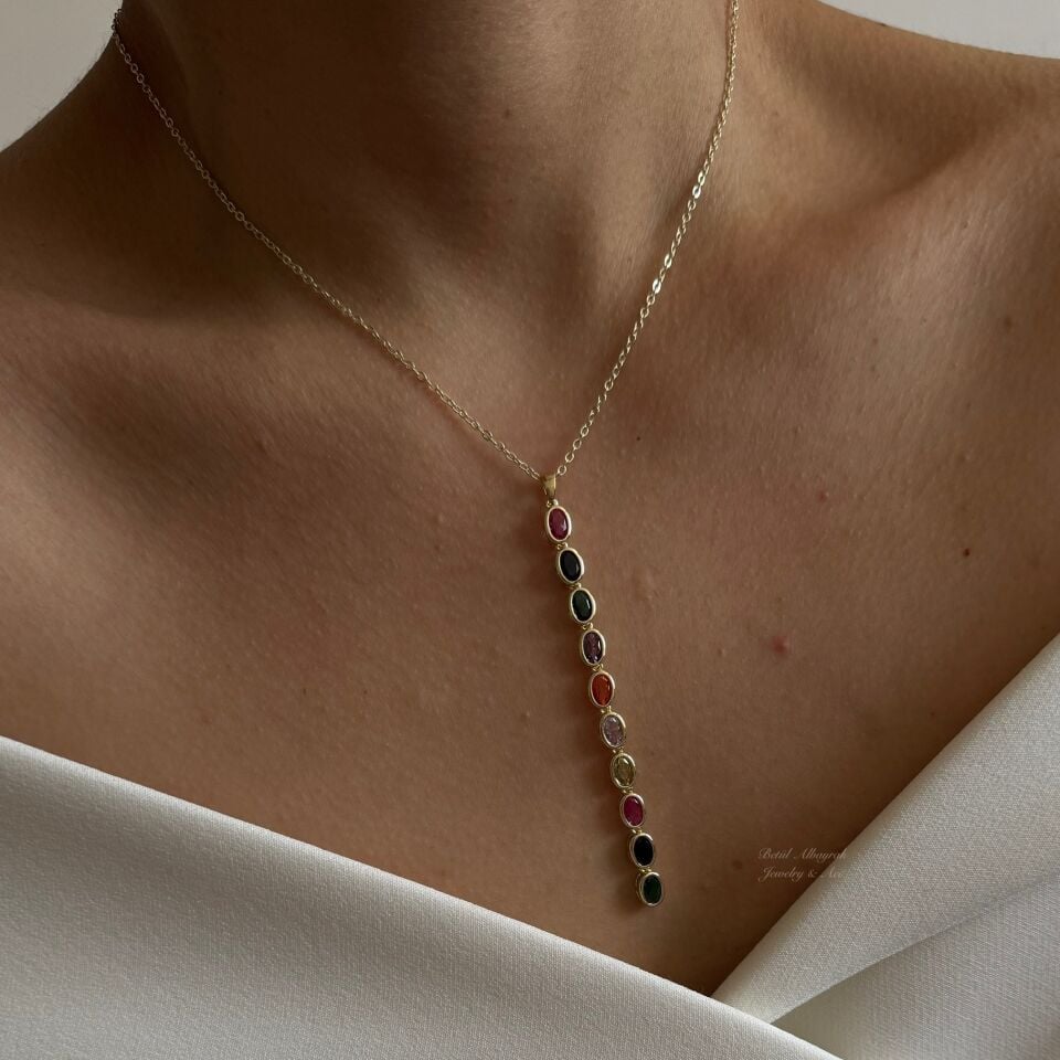 Altın Kaplama Renkli Taşlı Oval Y Kolye