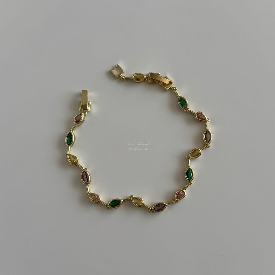 Altın Kaplama Arpa ve Damla Renkli Bileklik