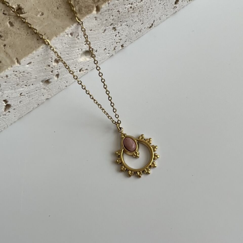 Çelik Pembe Taşlı Vintage Kolye