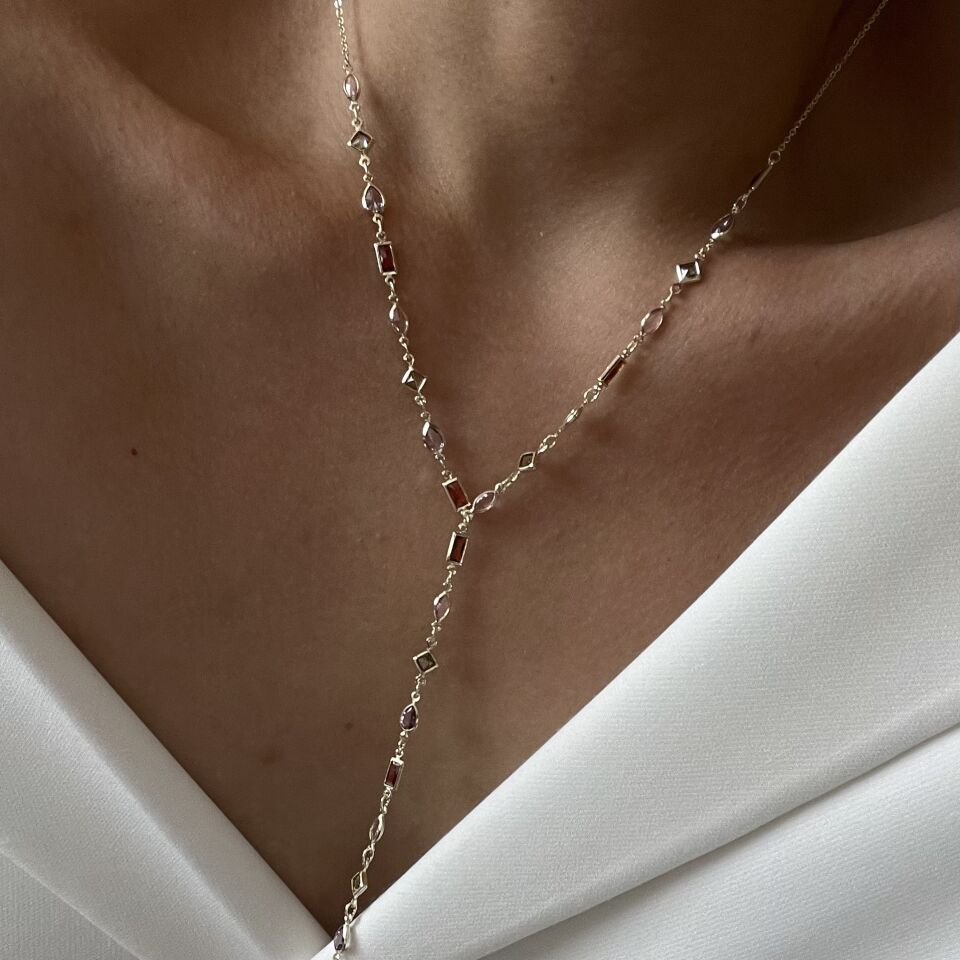 Altın Kaplama Renkli Taşlı Y Kolye