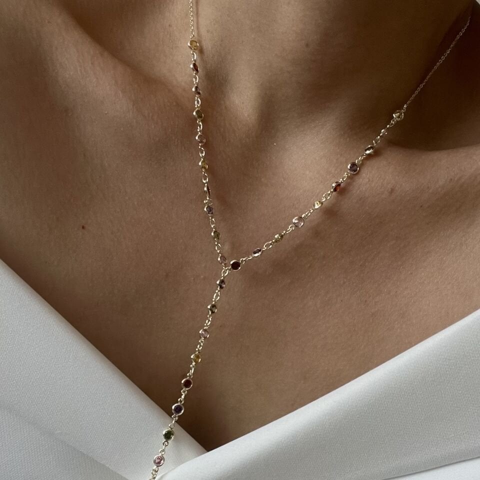 Altın Kaplama Renkli Yuvarlak Taşlı Y Kolye