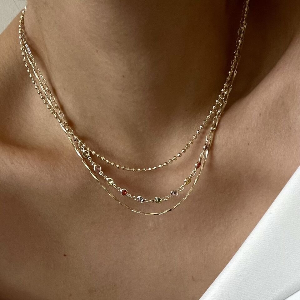 Altın Kaplama Yuvarlak Renkli Taşlı Kolye